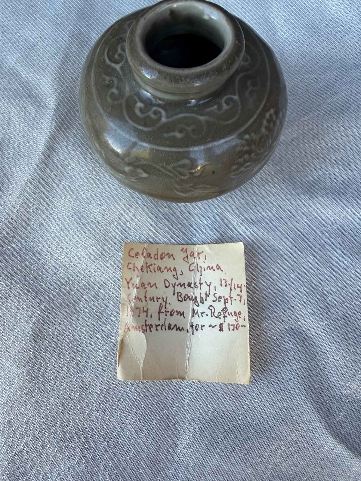 Antique Celadon Glazed Porcelain Floral Jar Incised Song Yuan Style Chinese Pott