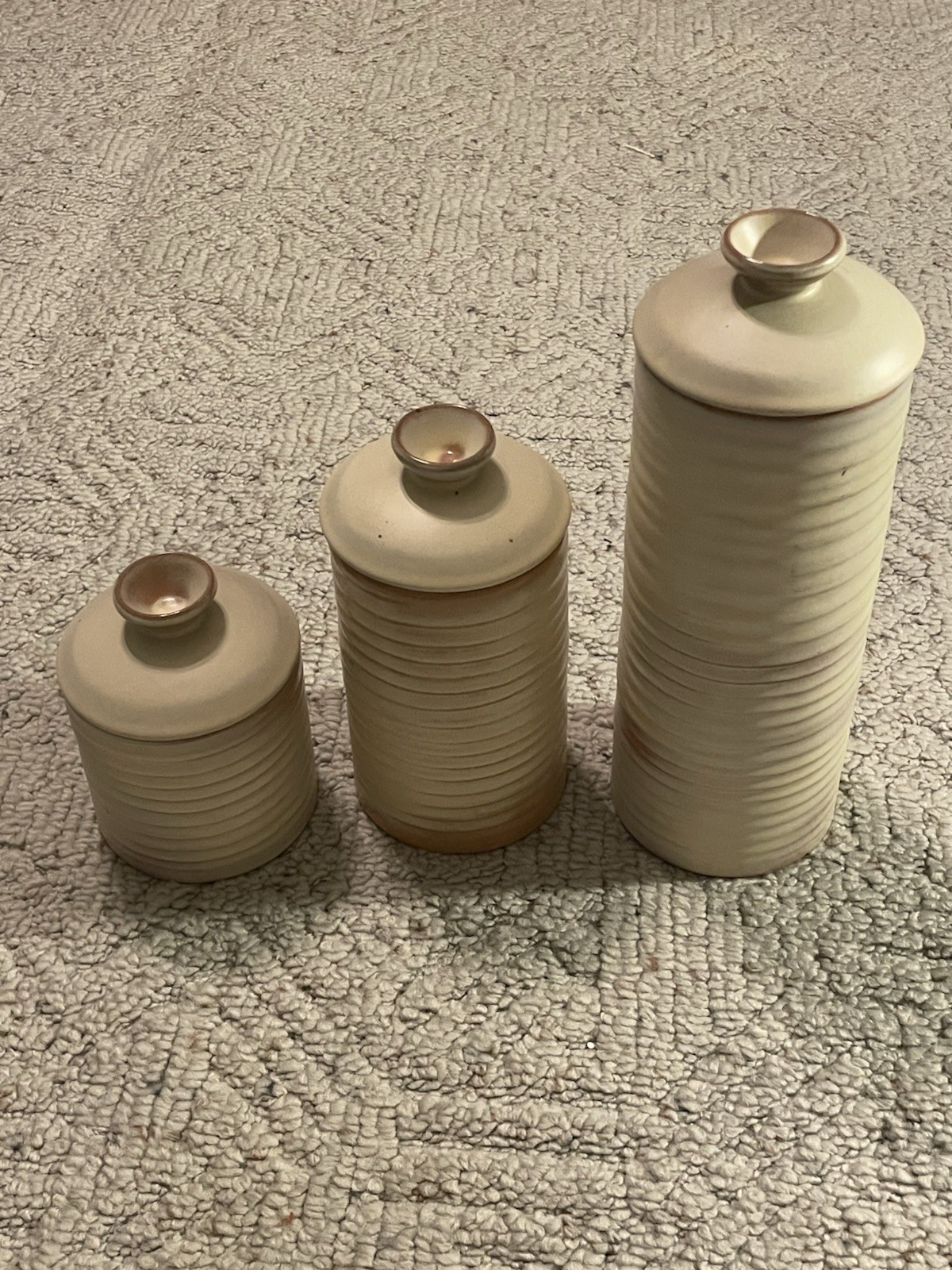 Frankoma Cream Beige Brown Ribbed Canister Set of Three 72 172 272