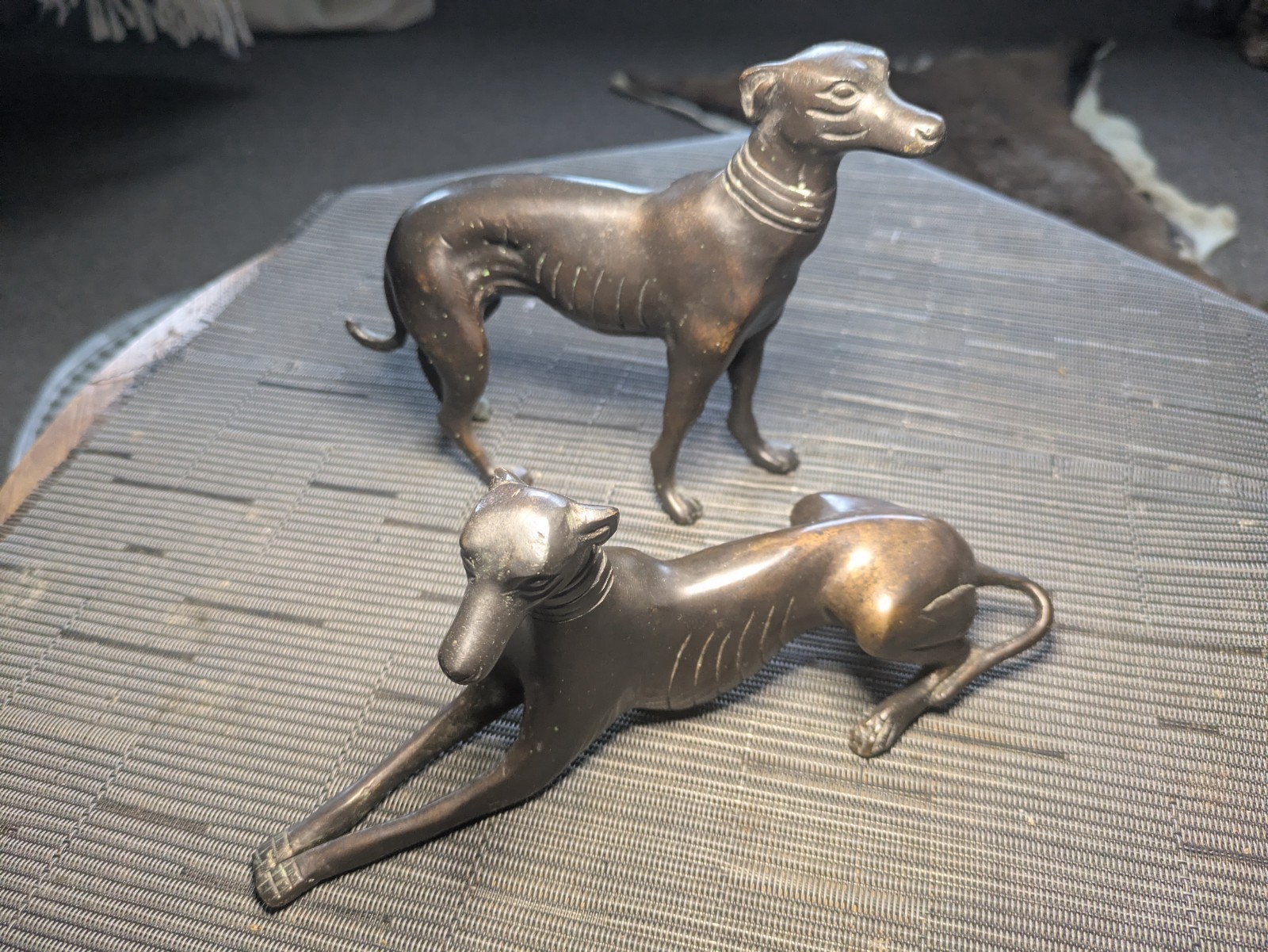 Vintage Pair Solid Brass Greyhound Whippet Sculptures Figures Standing Reclining
