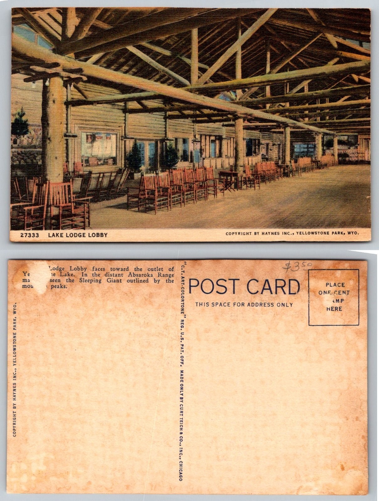 Standard Lake Lodge Lobby Yellowstone Park Wyoming Postcard