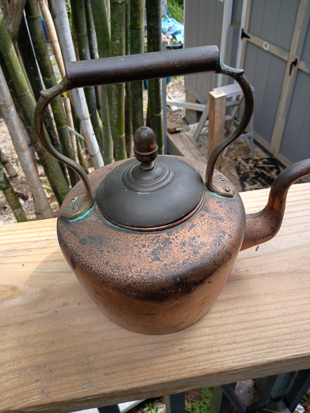Antique Copper Tea Kettle Primitive Farmhouse Patina Copper Handle Vintage