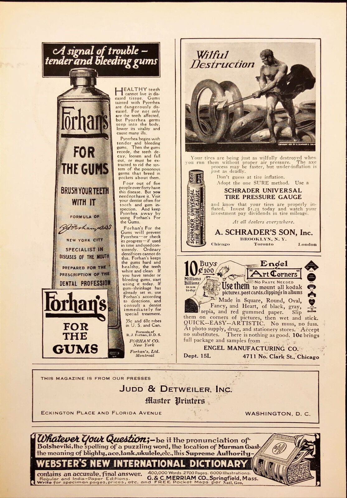 1921 Forhan\'s Toothpaste For the Gums  + Schrader Tire Gauge Antique Print Ad