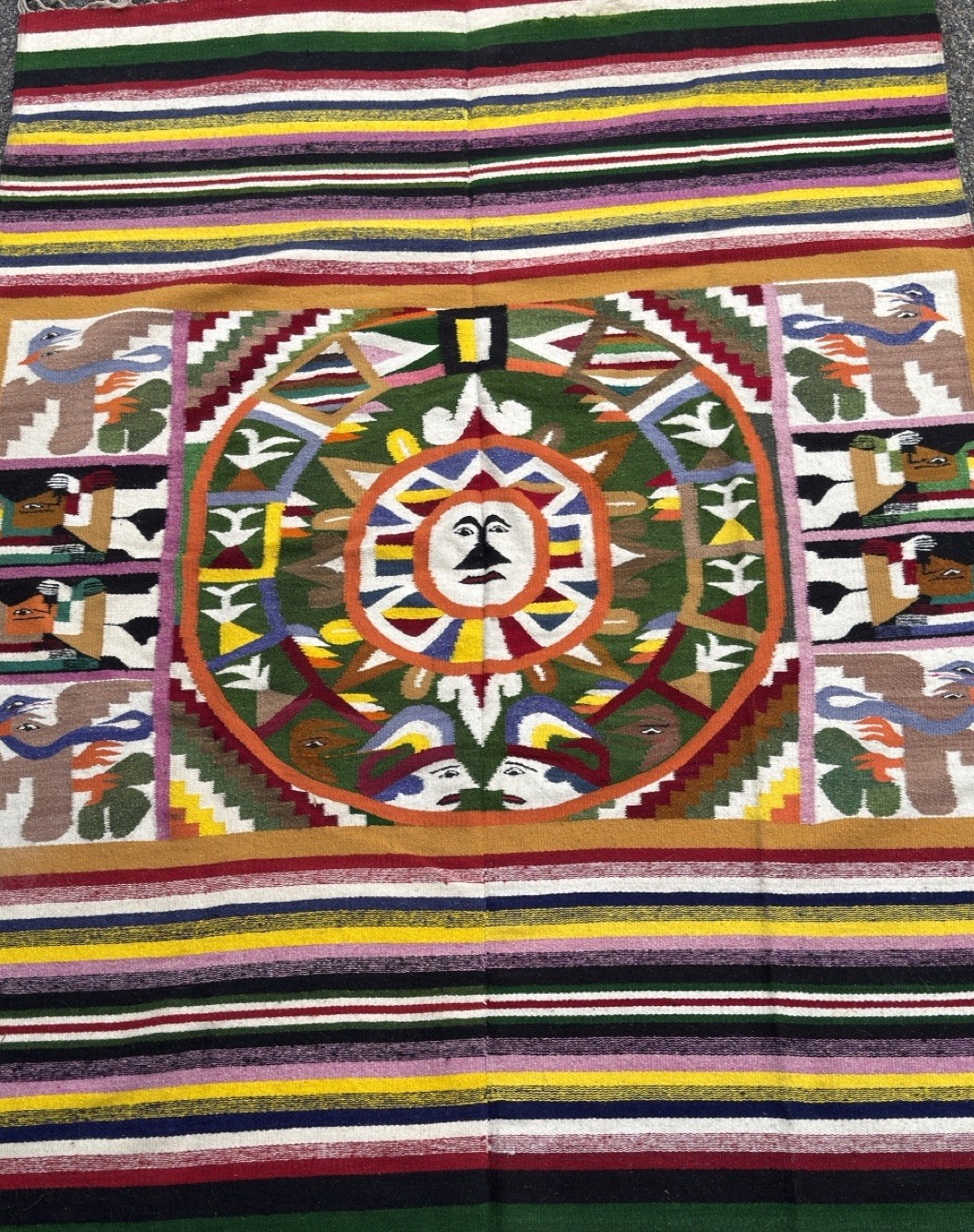 Vintage Handwoven Wool Textile Rug 78x58 Folk Art Sun Birds Figures Southwestern
