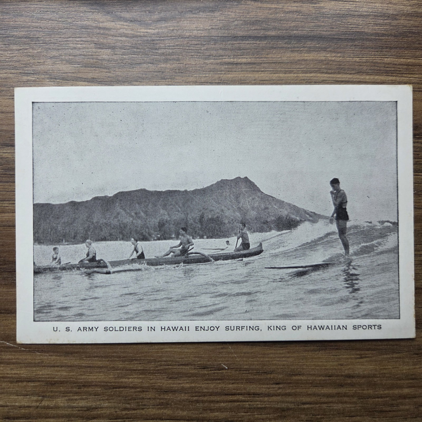 Honolulu HI US Army Soldiers Surfing Waikiki c1940s Postcard WWII Recruitment