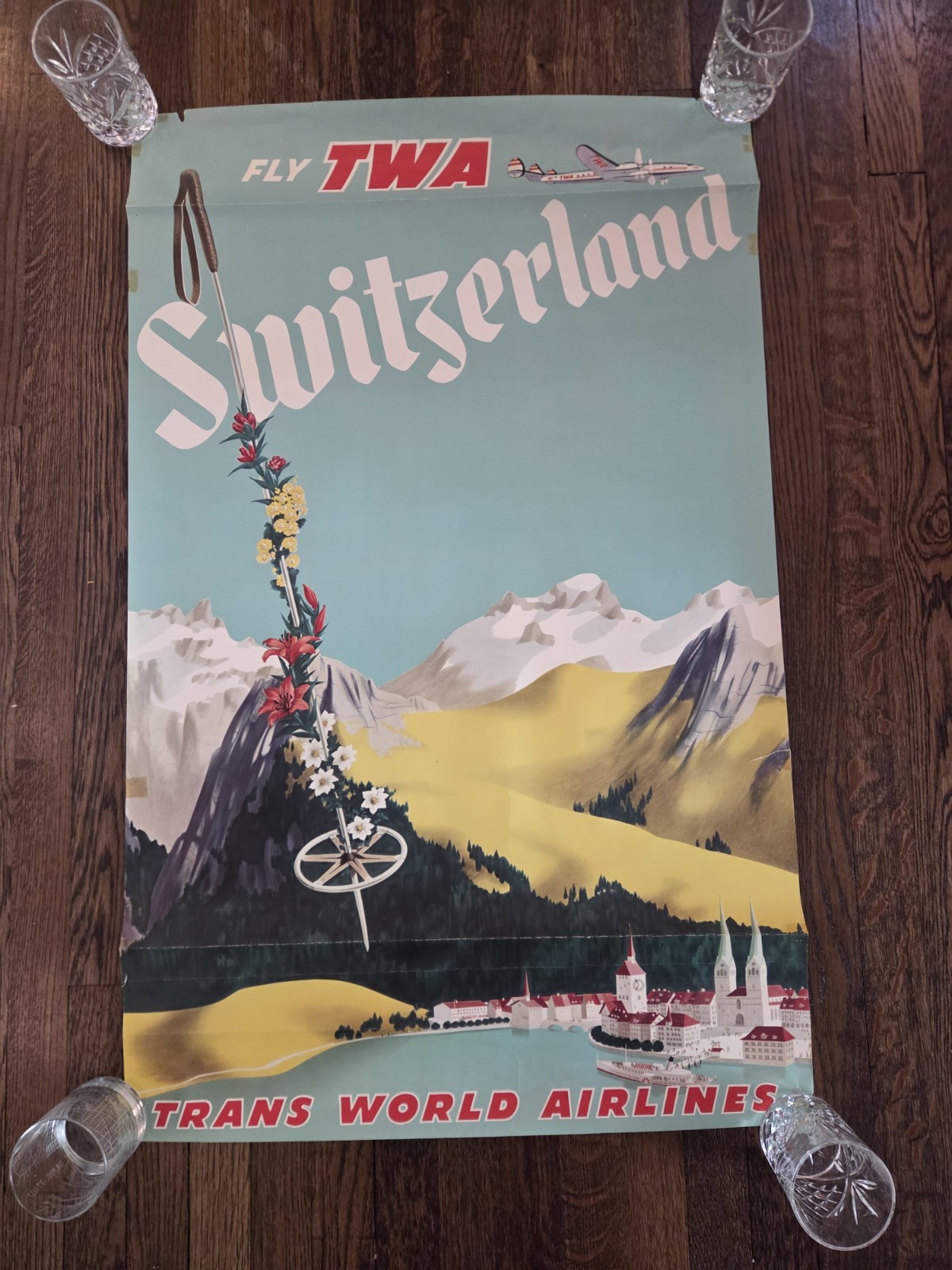 Original TWA Switzerland 1952 Travel Poster Vintage Airlines - See Pics