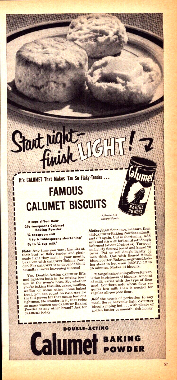 1954 Calumet Baking Powder Biscuits Vintage Print Ad Recipe
