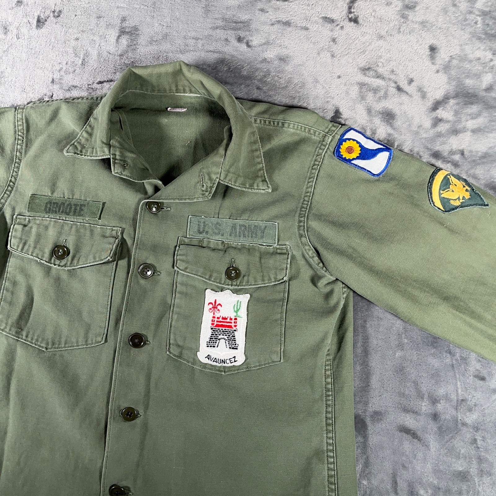 Vintage 60s US Army OG 107 Utility Shirt Mens Medium Green Vietnam 69th Infantry