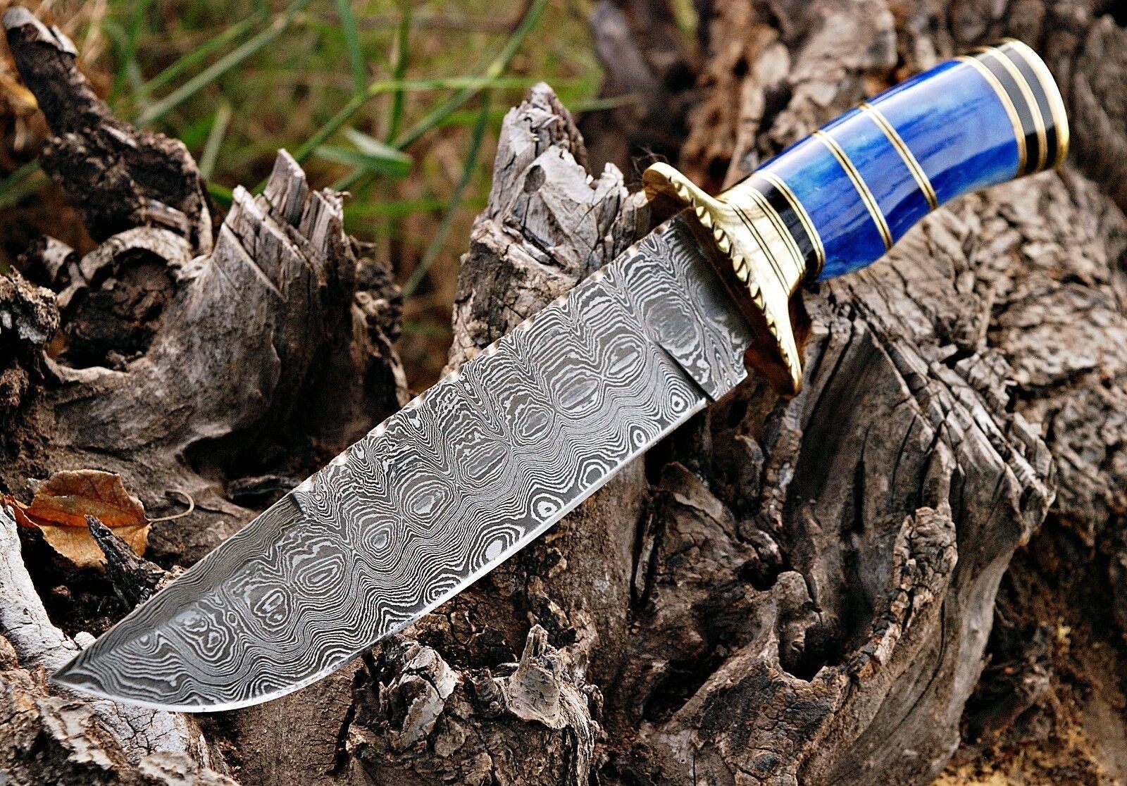 Custom Hand Made Damascus Steel Hunting Bowie Knife with Colored Bone Handle
