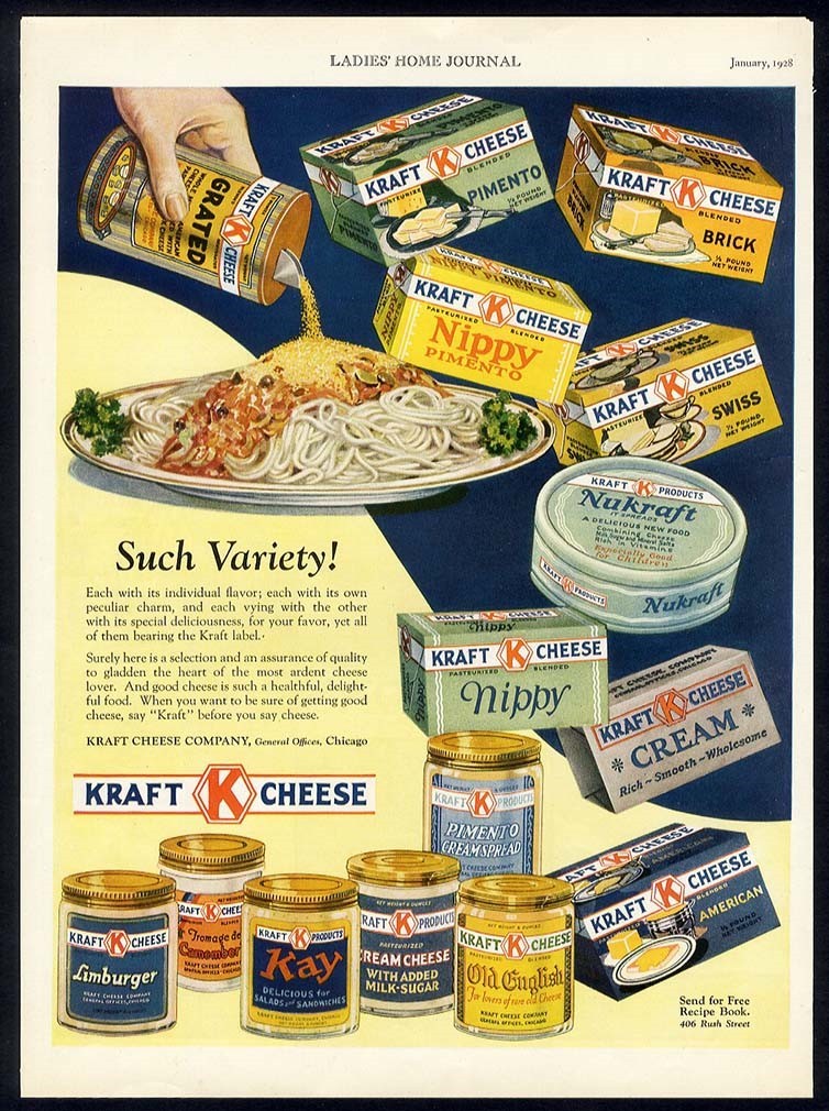 KRAFT CHEESE 1928 Various Type Ad American NIPPY Limburger CREAM Swiss BRICK ETC