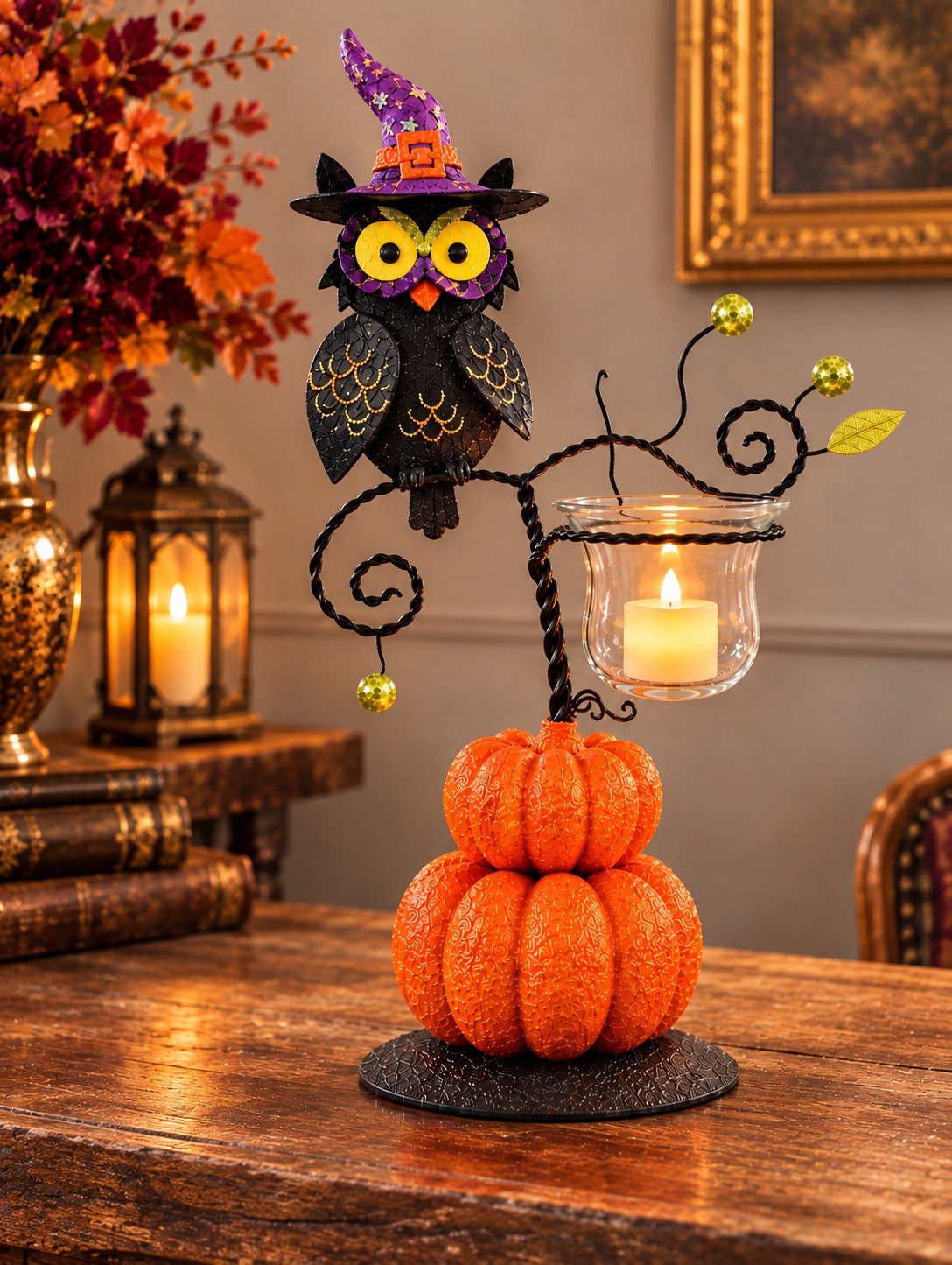 Pier 1 Halloween Witch Owl Glitter Pumpkin Tree Votive Holder 2012 Retired
