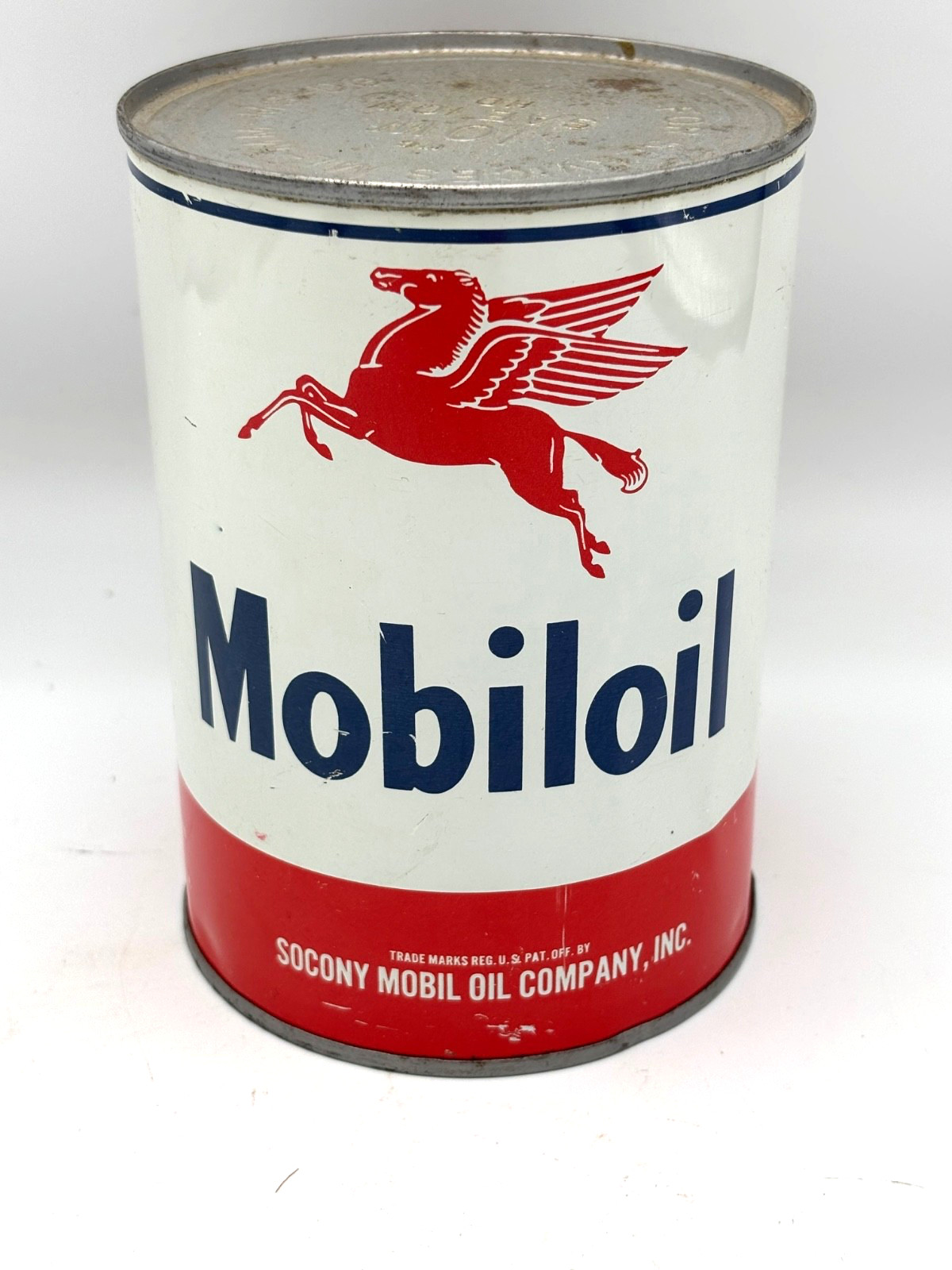FULL Vintage Mobil Oil Pegasus Can One Quart Gas Advertising Lithograph Tin