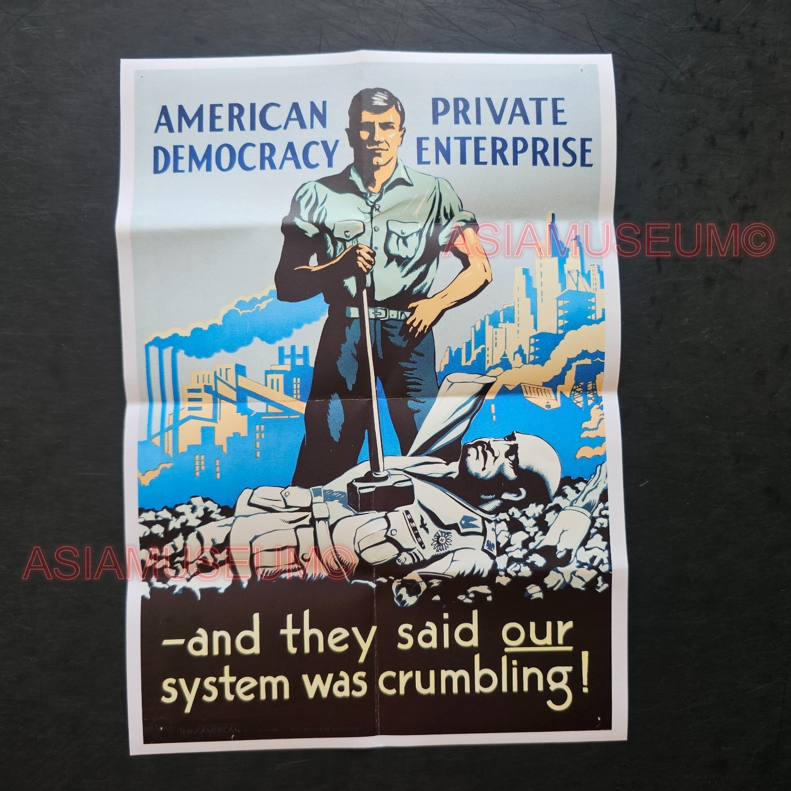 1944 WW2 USA American Democracy Worker Building Battle Propaganda Poster Q206