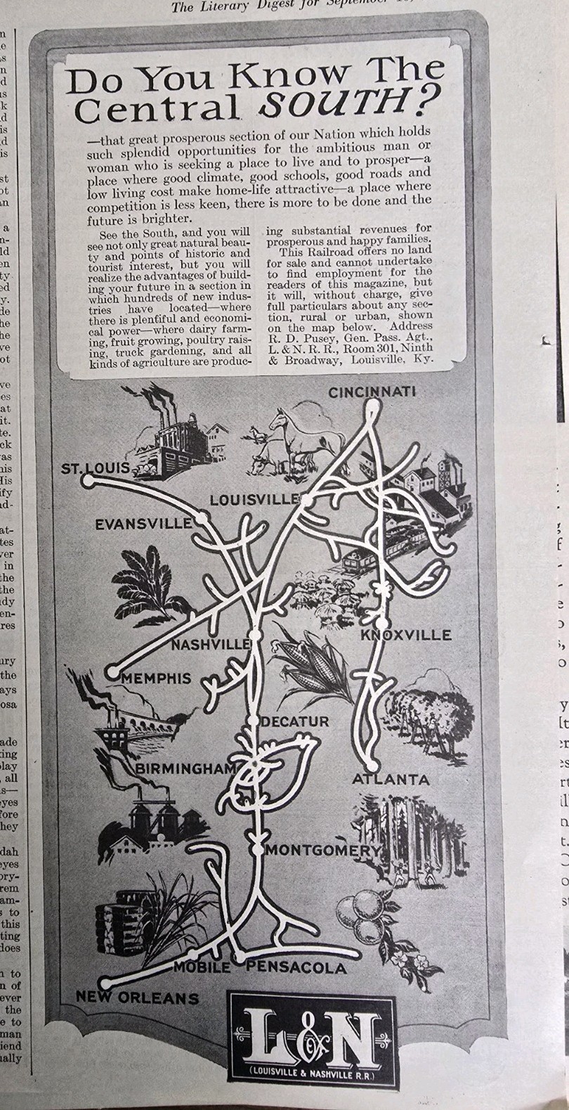 1926 L&N Louisville & Nashville RR Railroad US  Central South Map Vintage Ad 