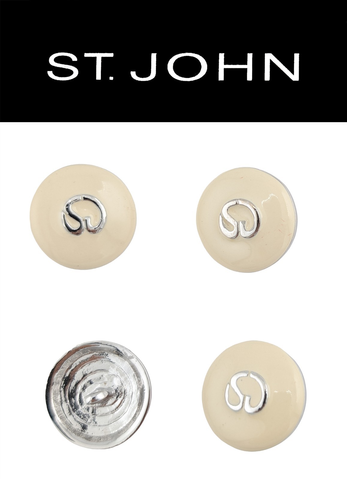 St John Knits 0.85 Inch Silver Tone Vanilla Enamel Logo Replacement Buttons (4)