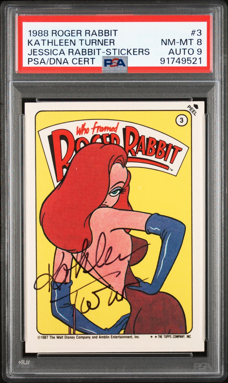 1988 JESSICA RABBIT DISNEY STICKER CARD #3 SIGNED / AUTO KATHLEEN TURNER PSA 8/9