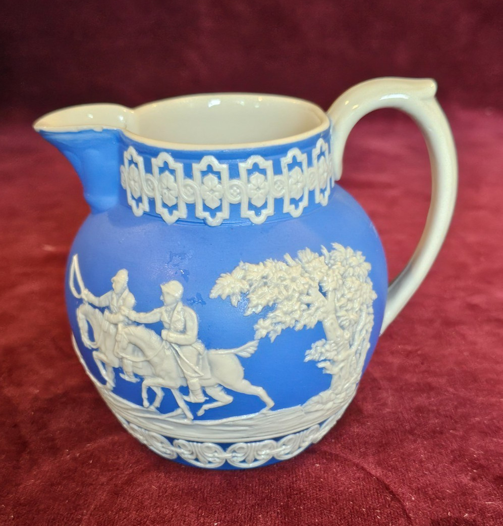 Antique Copeland c1900 England Sprigged Blue White Jug Pitcher STAG HUNT