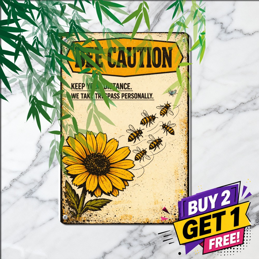 Honeybee Swarm Illustration Warning Sign Retro Country Bee Metal Tin Plaque 8x12