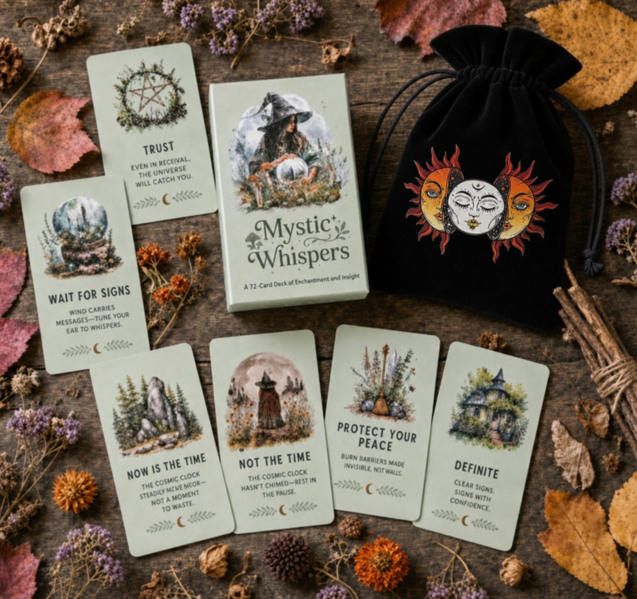Mystic Whispers Oracle Deck 72 Cards + Black Velvet Pouch Gift Set Divination