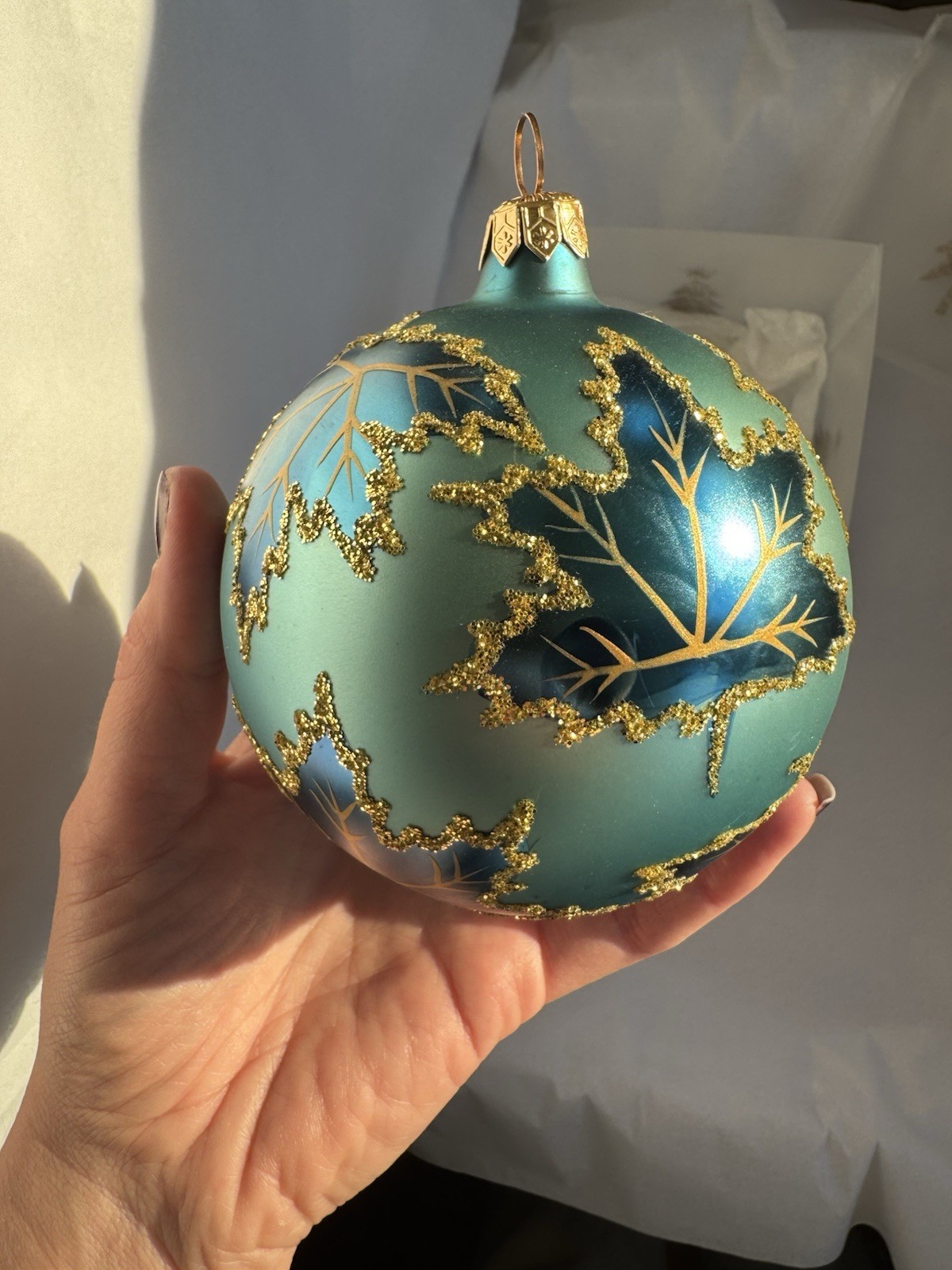 Radko Scarlett’s Dress Maple Leaf Glitter Glass Ball Ornament-RARE COLOR