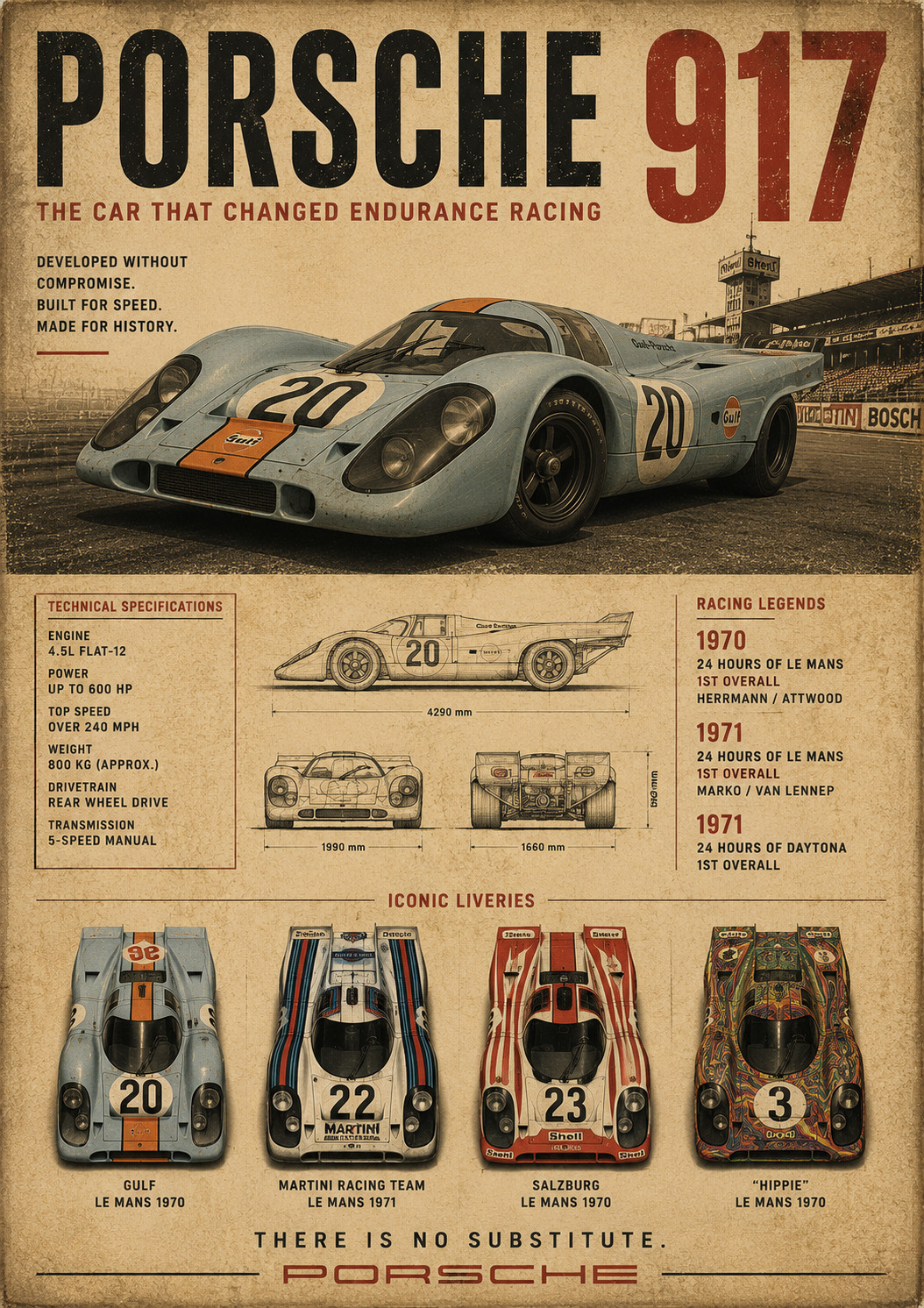 Porsche 917 Vintage Racing Poster | 13x19 Matte Le Mans Wall Art Print