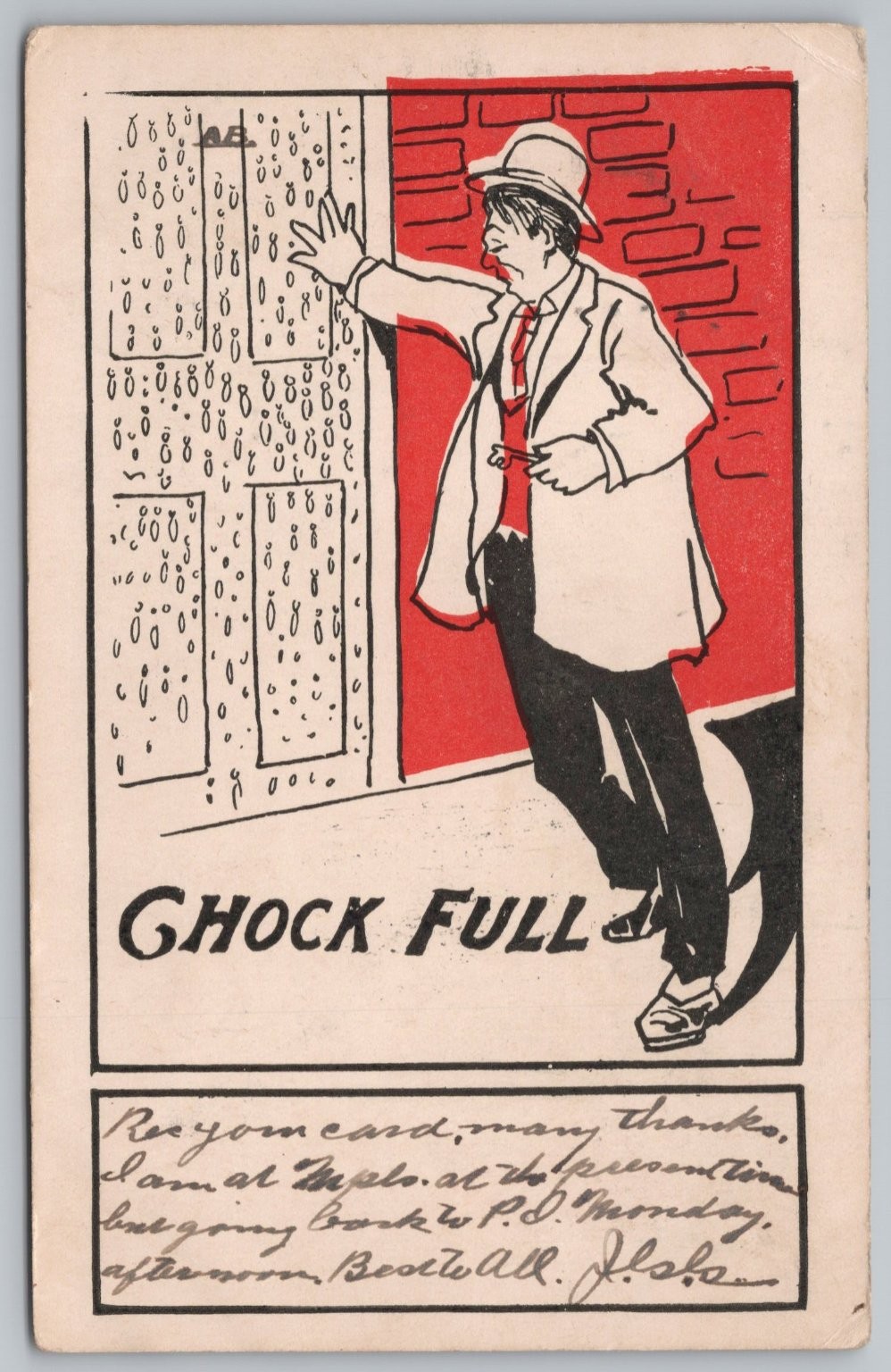 1908 Comic Humor Postcard CHOCK FULL Drunk Man Door Pine Island MN to Amery WI