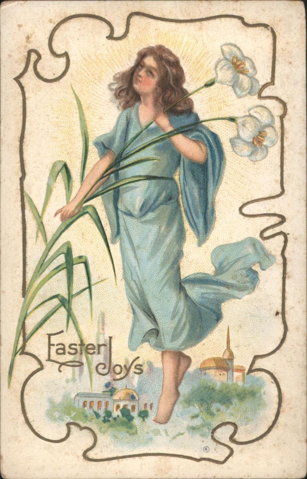 Easter Flowers Joys Woman with Daffodils Spring Landscape Art Nouveau Vintage