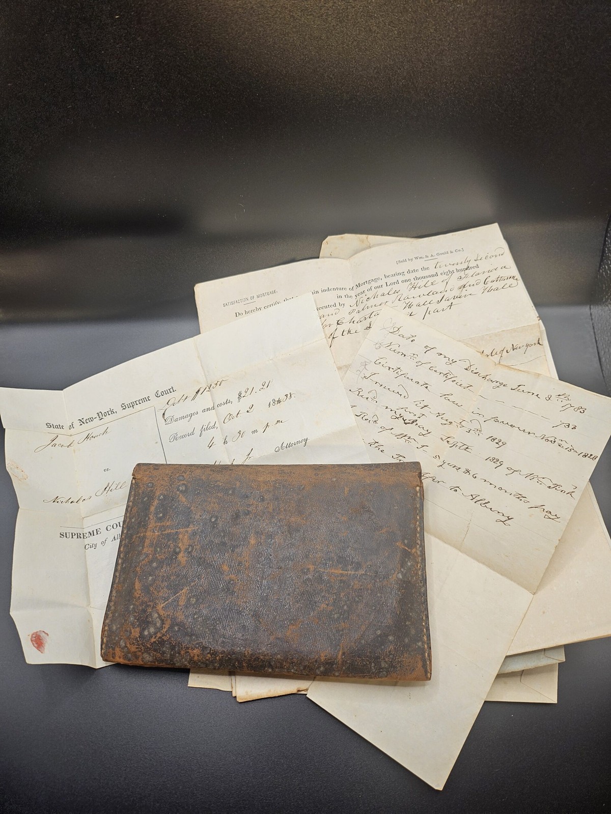 Antique Leather Wallet with receipts, signed court papers 1820's pre Civil War