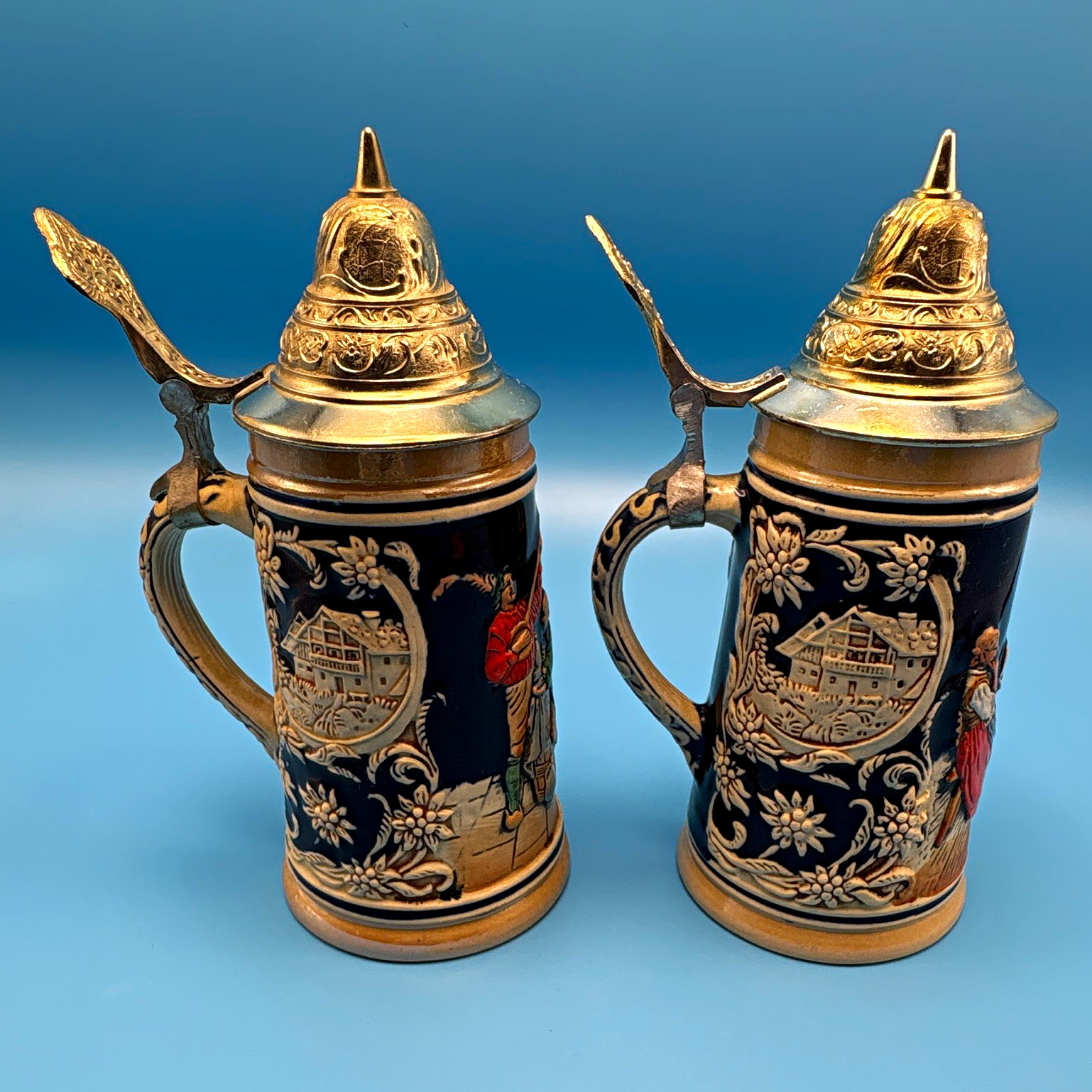 Vintage German Beer Steins Pair DBGM Pewter Lids Cobalt Relief Made Germany