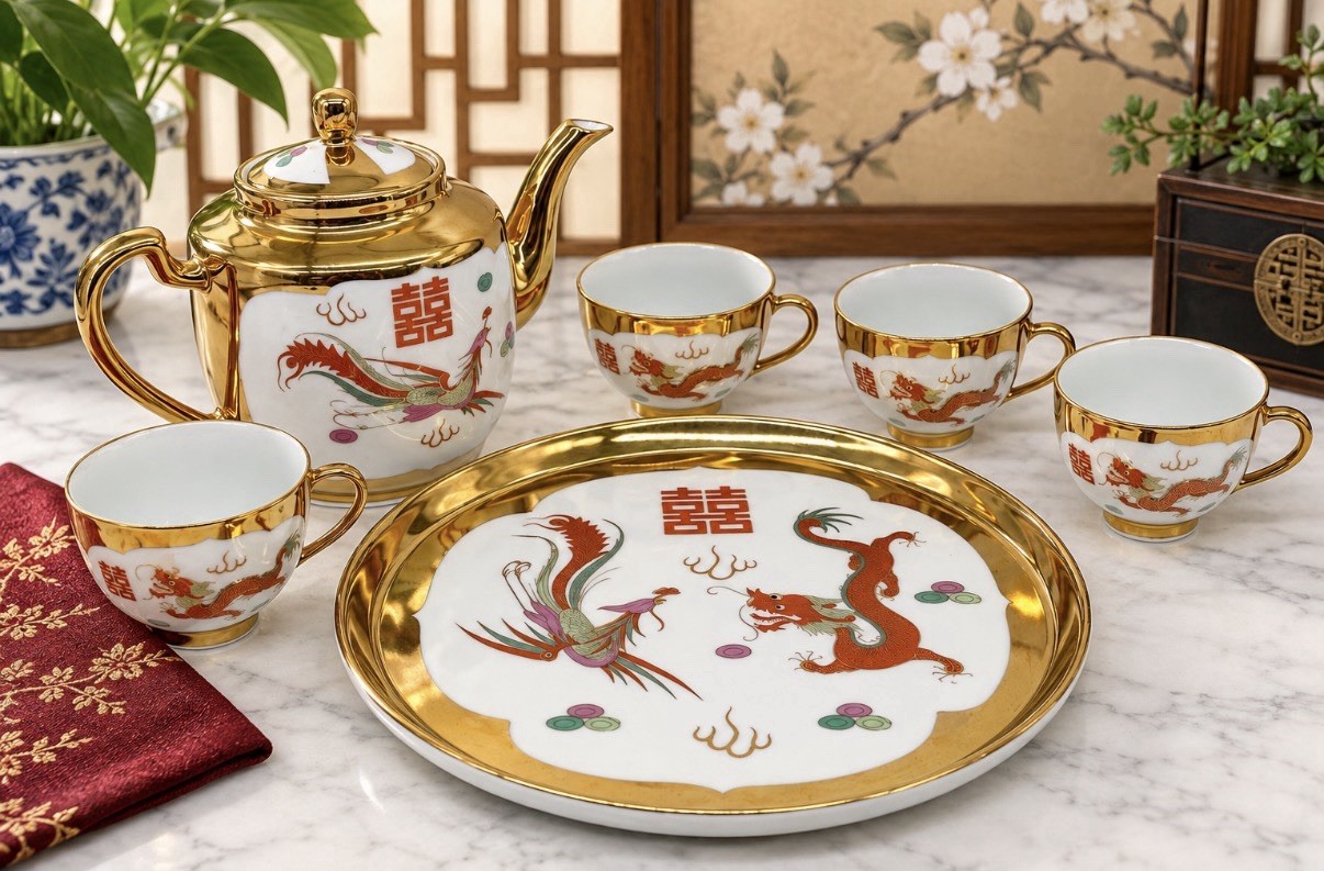 Vintage Chinese Red Dragon & Phoenix Gold Gilded Tea Pot 4 Tea Cups & Tray Set 