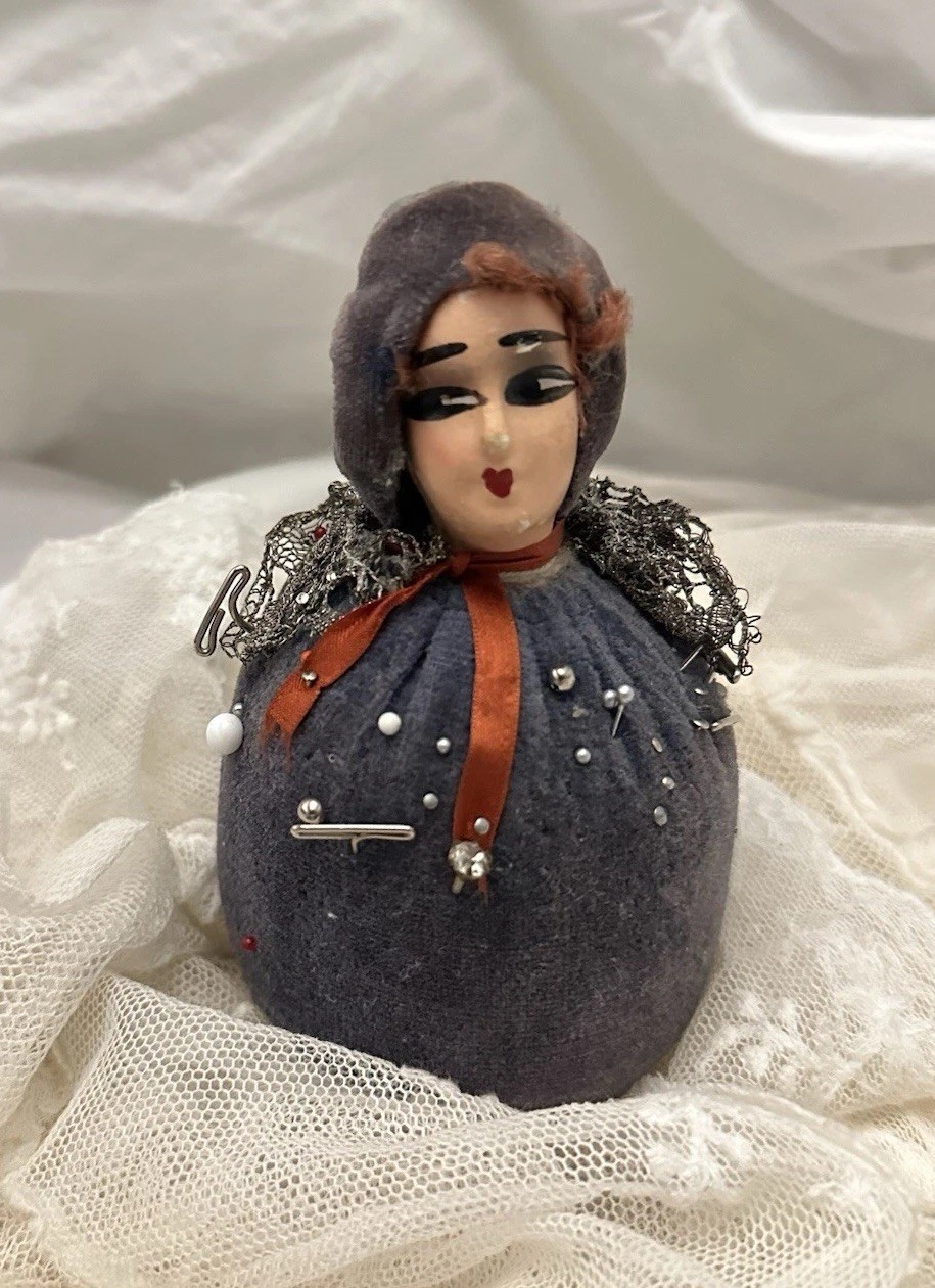 Antique 1920s Boudoir Doll Pin Cushion Art Deco Flapper Lady Purple Velvet Pins