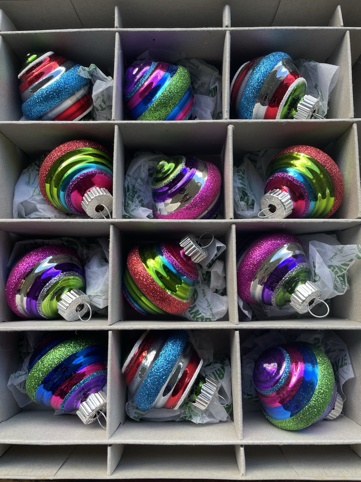 Christopher Radko Shiny Brite Multicolor Stripe Ornaments 12 Christmas Boxed