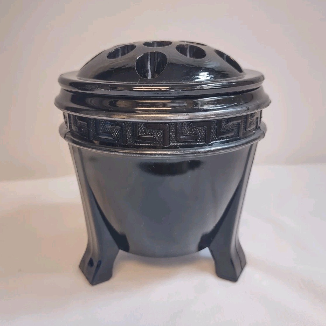 Vtg L.E. Smith Black Amethyst Glass Flower Frog Vase Greek Key Art Deco Tripod