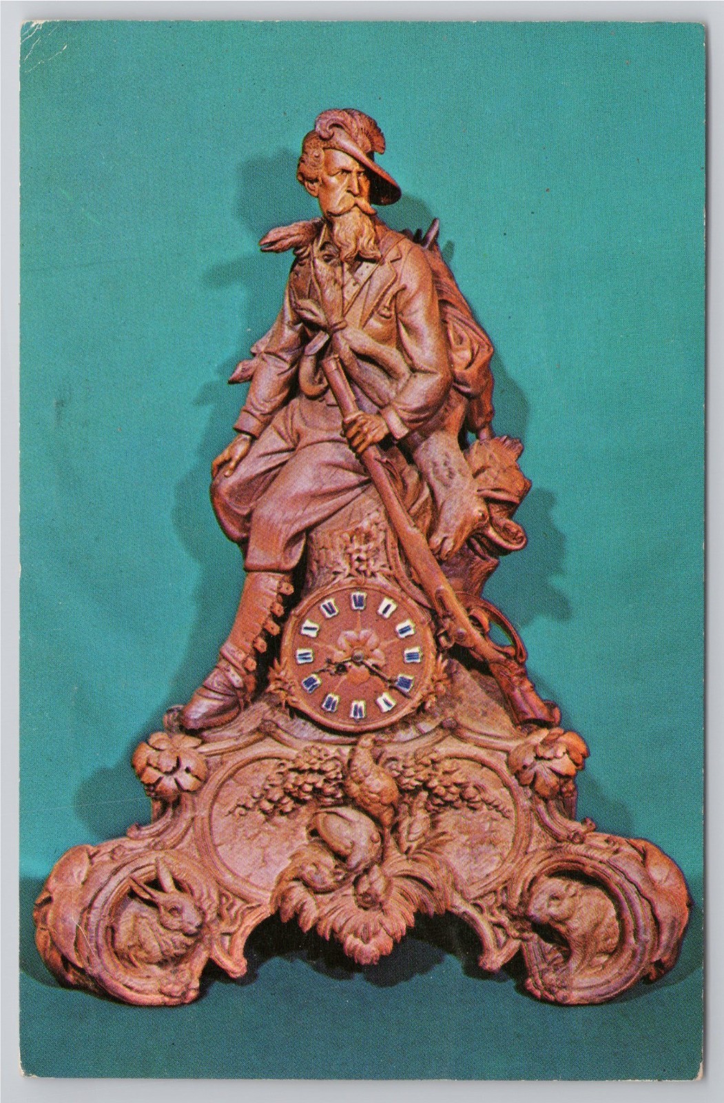 Postcard \'\'The Hunter\'\' Walnut Mantel Clock @ Brad\'s Restaurant Long Beach Ca.