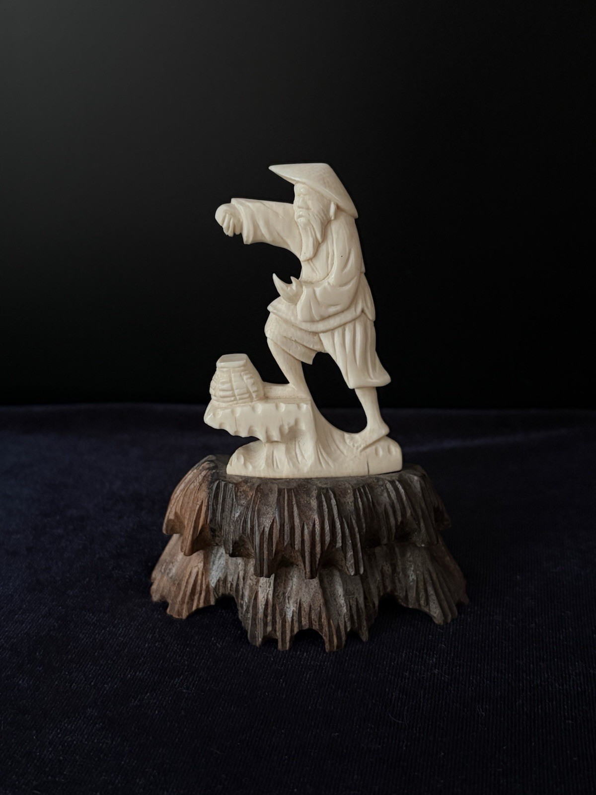 Vintage Carved Bone Figure Chinese Fisherman Sage on Wood Rockery Stand