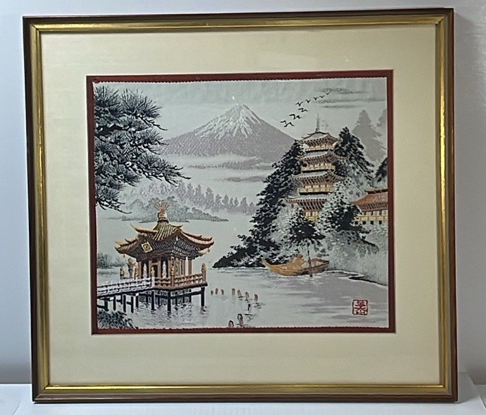 Vintage Japanese Silk Embroidery Landscape Framed, Beautiful Art