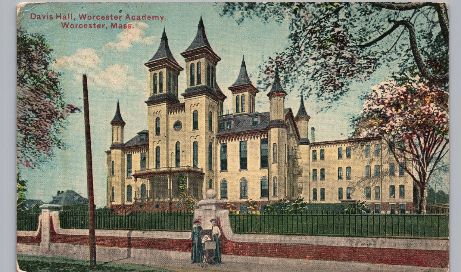 WORCESTER ACADEMY DAVIS HALL c1910 ma original antique postcard massachusetts