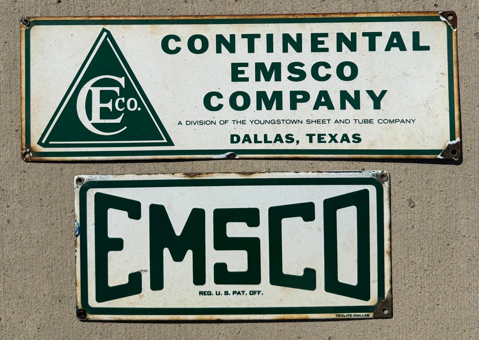 Vintage Lot (2) Porcelain Continental EMSCO Oilfield Pump Jack Sign Dallas Texas