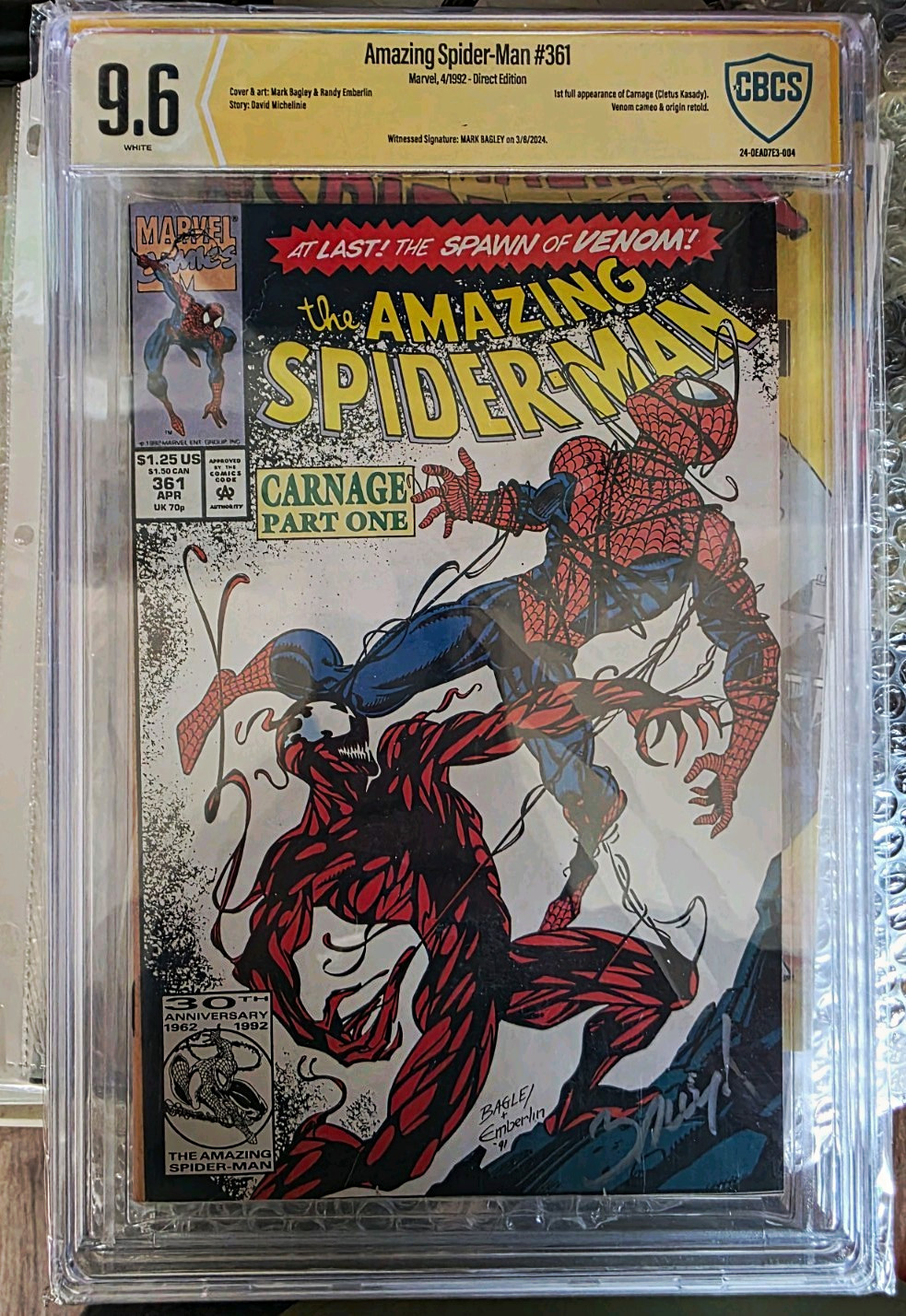 Marvel Amazing Spider-Man #361 CBCS 9.6 Direct Ed. Witnessed Bagley Sig 1992