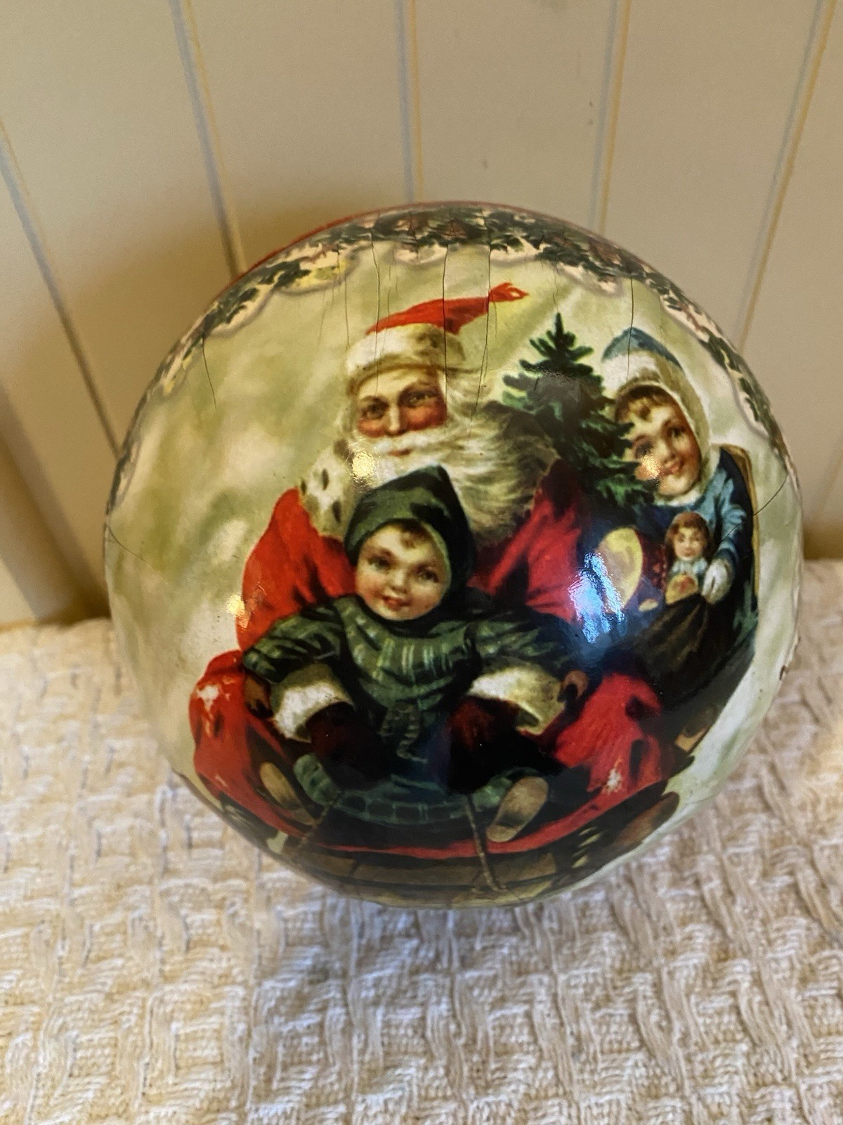 VTG German Papier-Mâché Round Christmas Santa Children Container Ball 6” 1940s