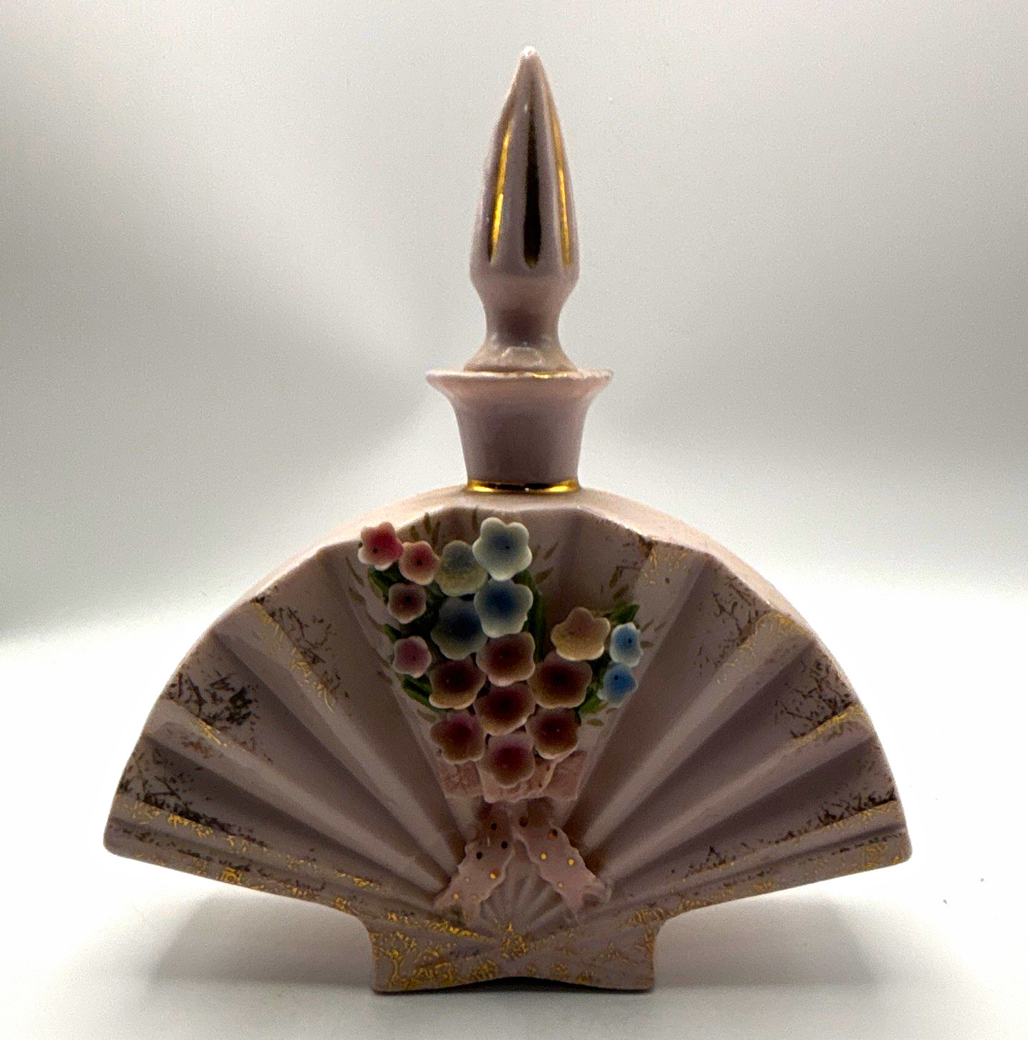 Vintage Napco Japan F-325 Porcelain Fan Perfume Bottle Applied Flowers Stopper