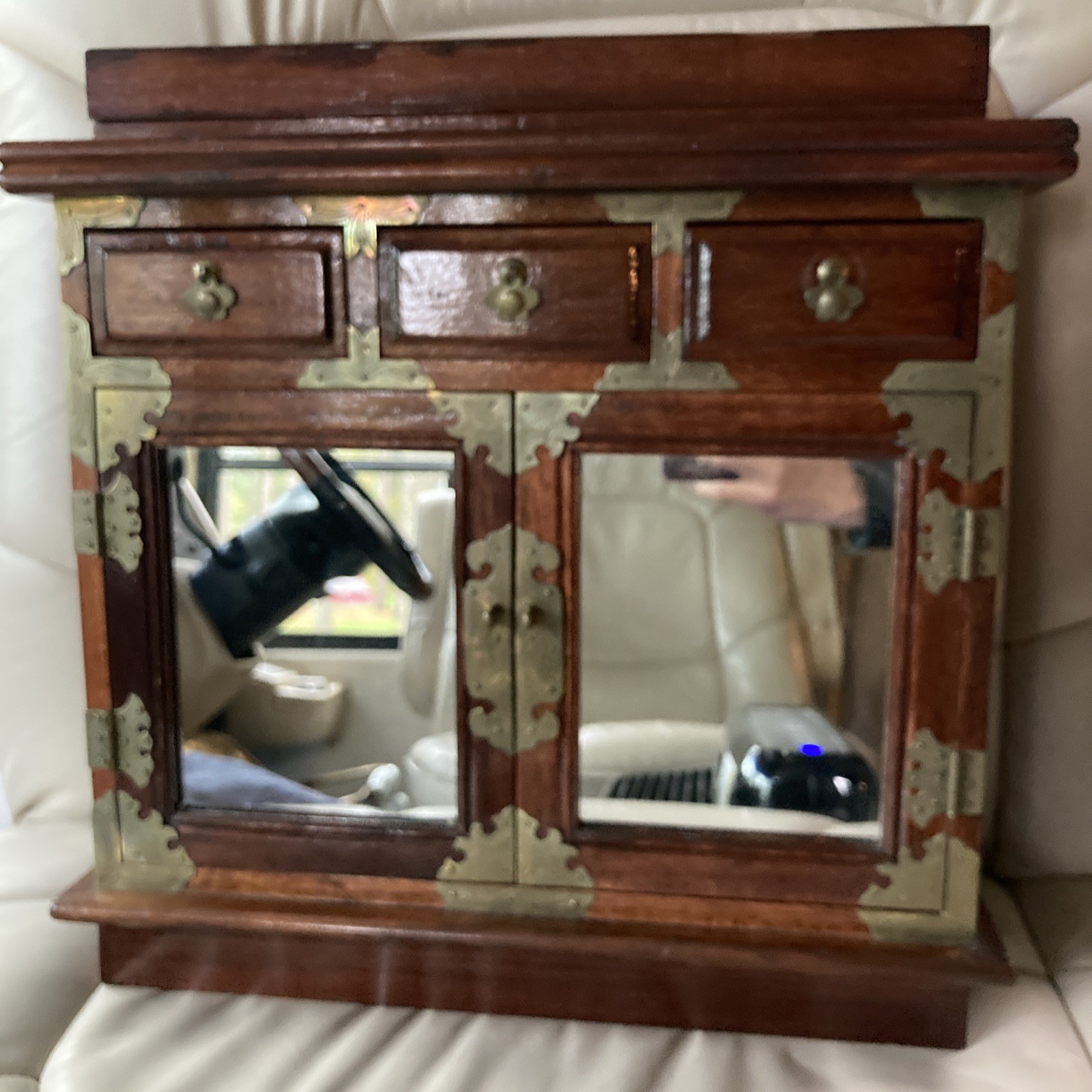 Vintage Asian Tansu-Style Wooden Jewelry Chest/ Tabletop Cabinet Brass Hardware 