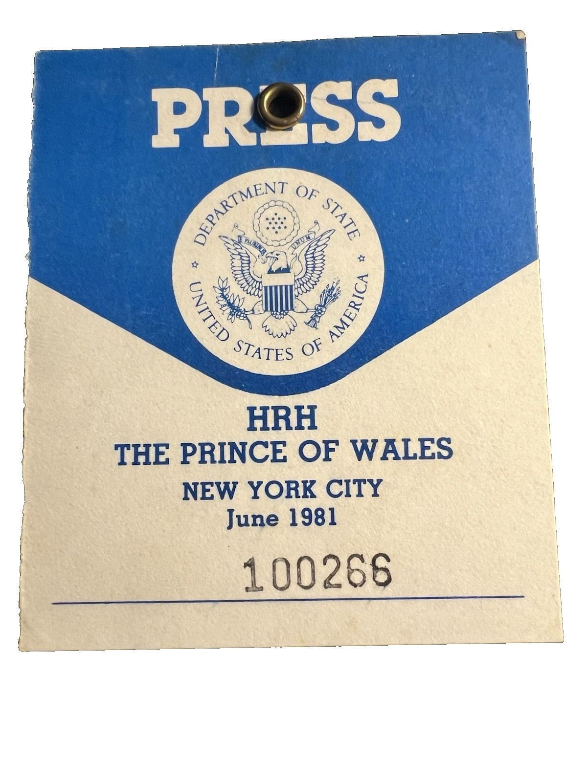 PRINCE CHARLES VERY RARE ORIGINAL PRESS PASS FROM 1981 VISIT TO NEW YORK CITY