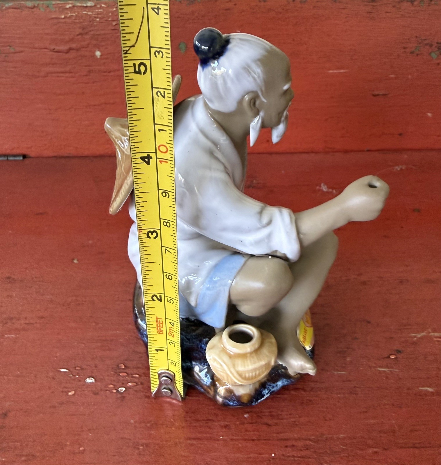Vintage Chinese Oriental Shiwan Artistic Ceramic Seated Fisherman Figurine