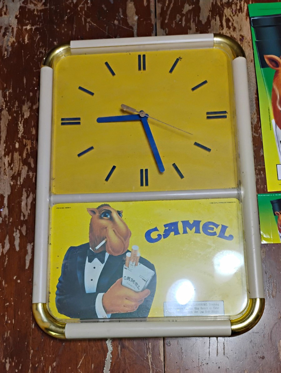 Vintage Joe Camel Clock + 1993 Camel Cash Lotto Advertising Sign Lot