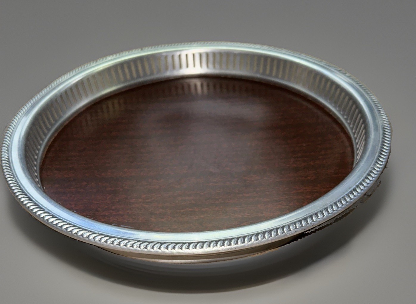 vintage modern round Tray aluminium edge faux wood center 13\