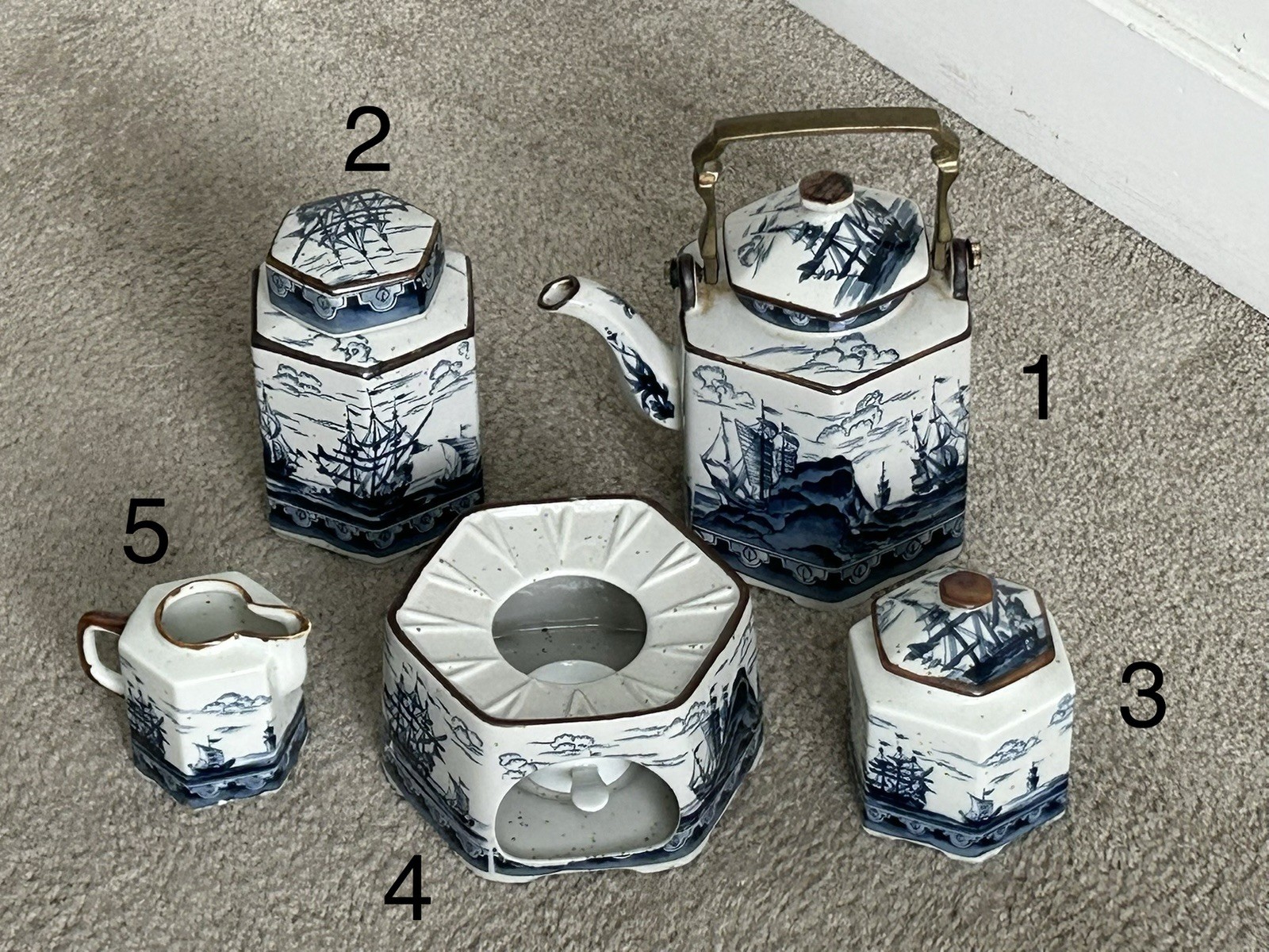 Vtg 5 Japanese Tea Set Blue White Hexagonal Teapot Brass Handle Canister & more