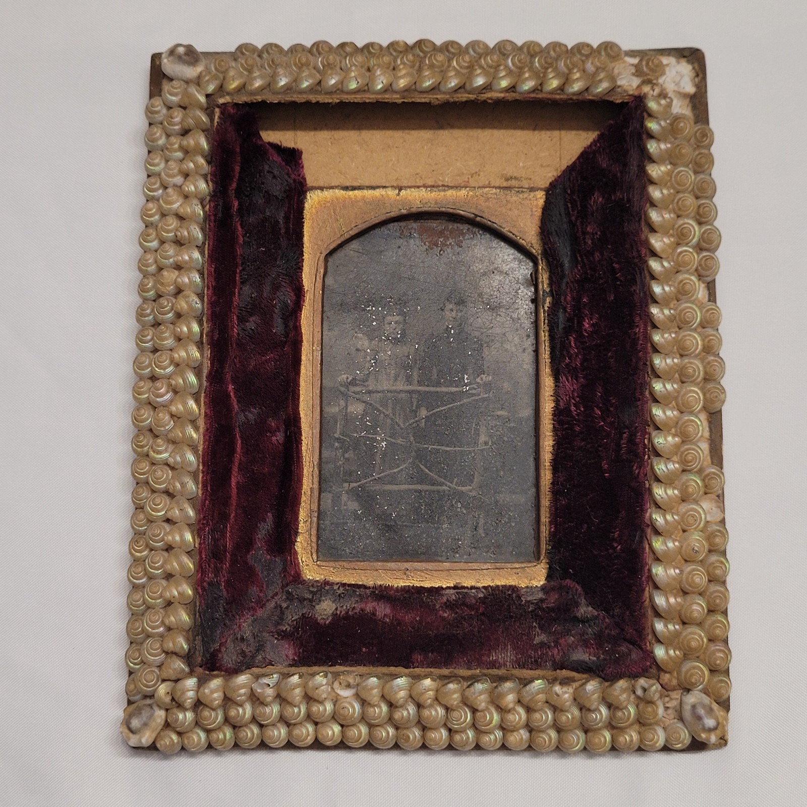 Antique Victorian Shellwork Tintype Photo Frame Folk Art Seashell Velvet 1800s