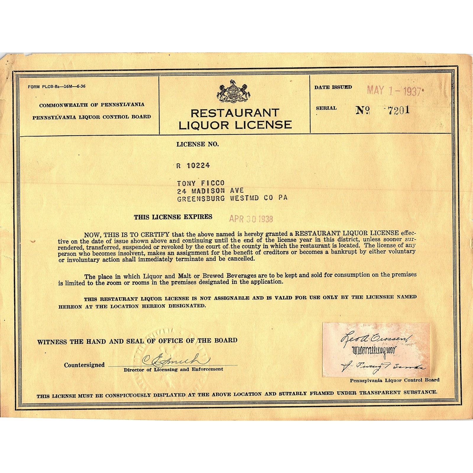 Vintage 1937 Pennsylvania Restaurant Liquor License Greensburg PA Tony Ficco