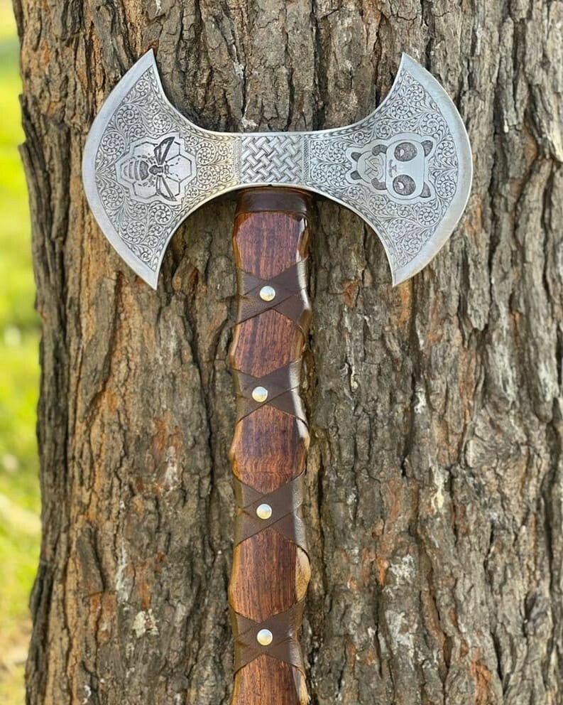 Smith Hand Forged Viking Double blade Carbon steel Axe With Leather SHEATH