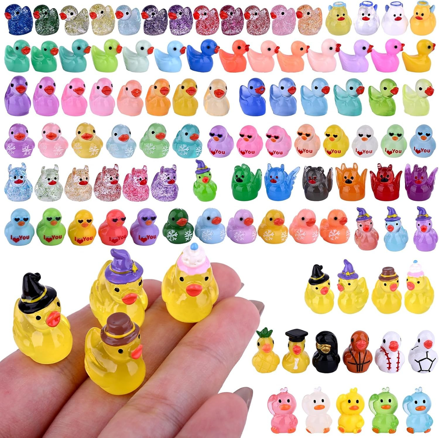 100 PCS Mini Resin Ducks Bulk, Tiny Ducks to Hide, Glow in the Dark Multicolor